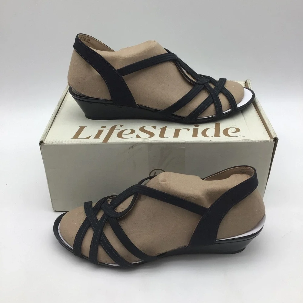 LifeStride Yaya Womens Navy Blue Strappy Wedge Sandals Wide Width Size 9.5W NEW